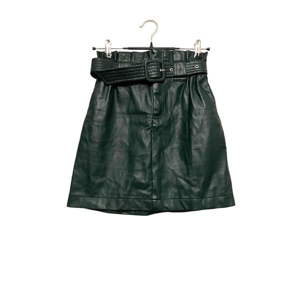 Zara Faux Leather Mini Skirt A-line Paperbag‎ Size XS Dark Green Pleather Belted - Picture 1 of 6